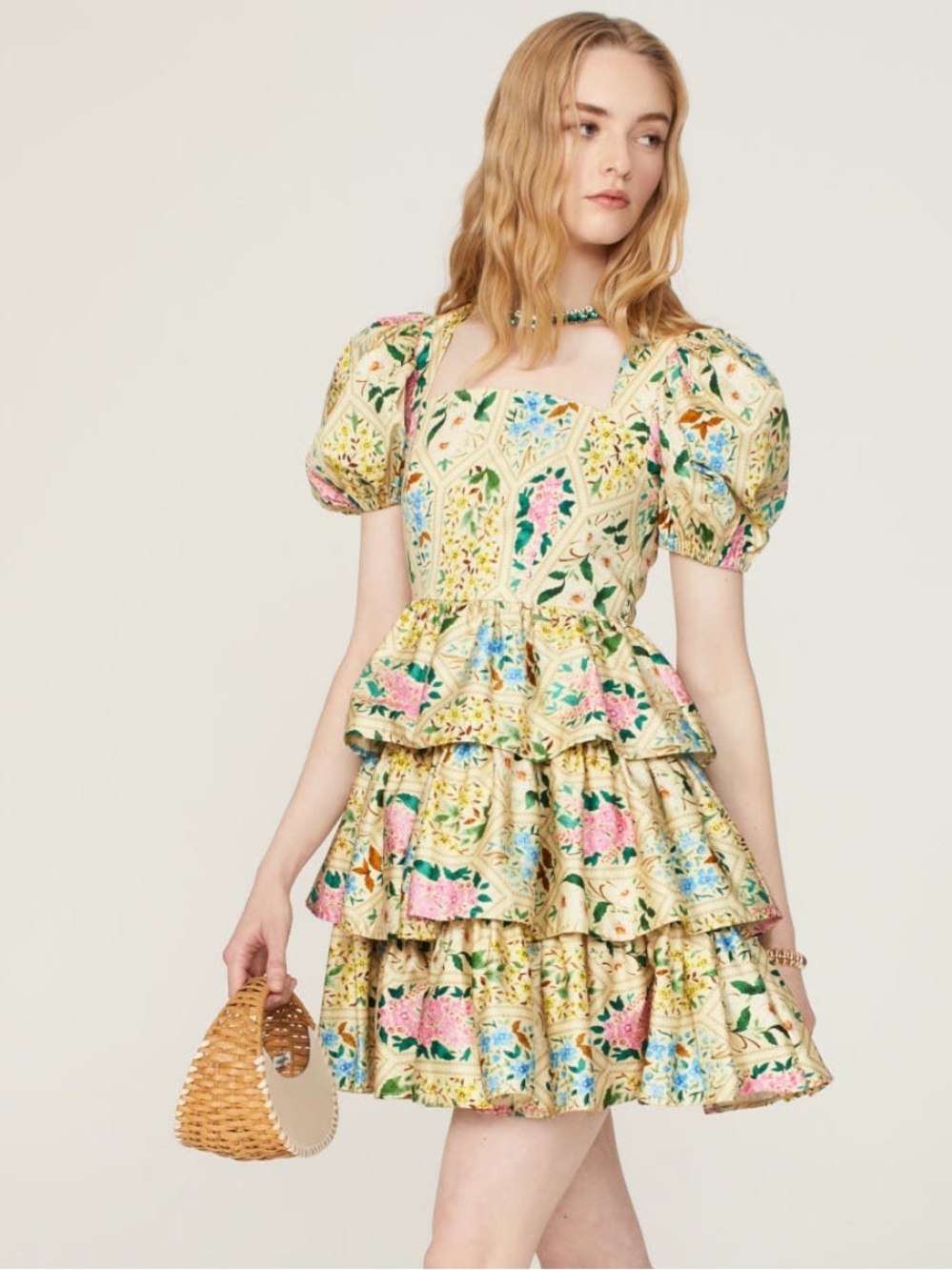 Hunter Bell Porter Dress Tiered Puff-Sleeve Dress in Floral Tile | Size 8 - Picture 3 of 9